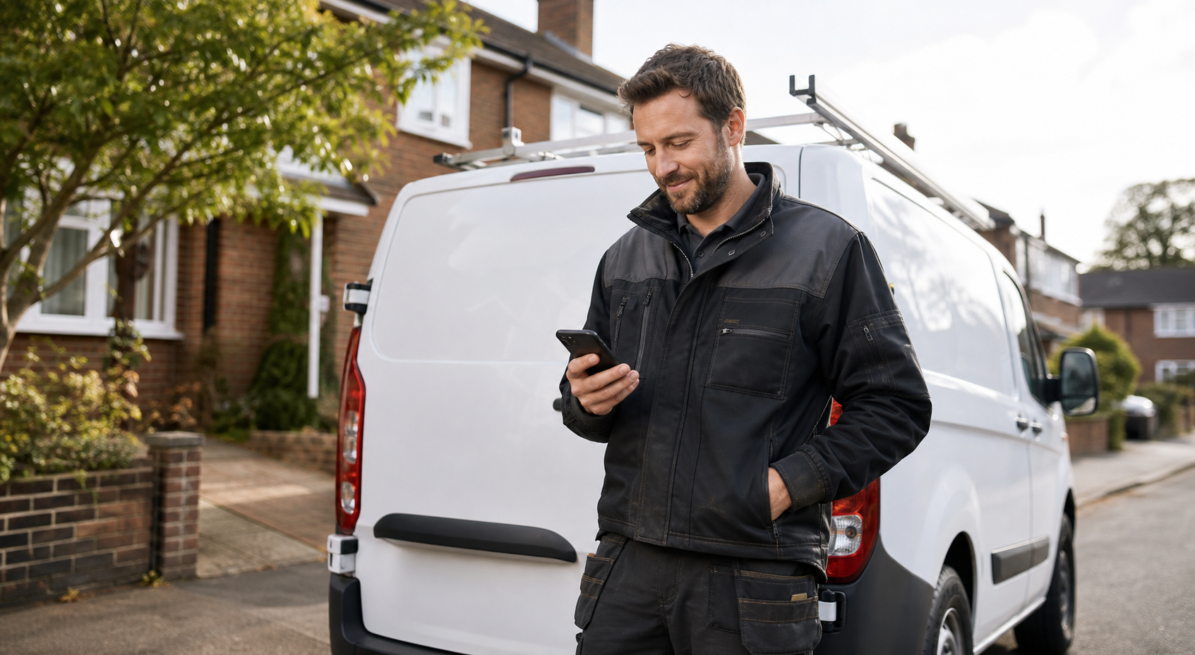 British tradesperson standing by a van using a phone