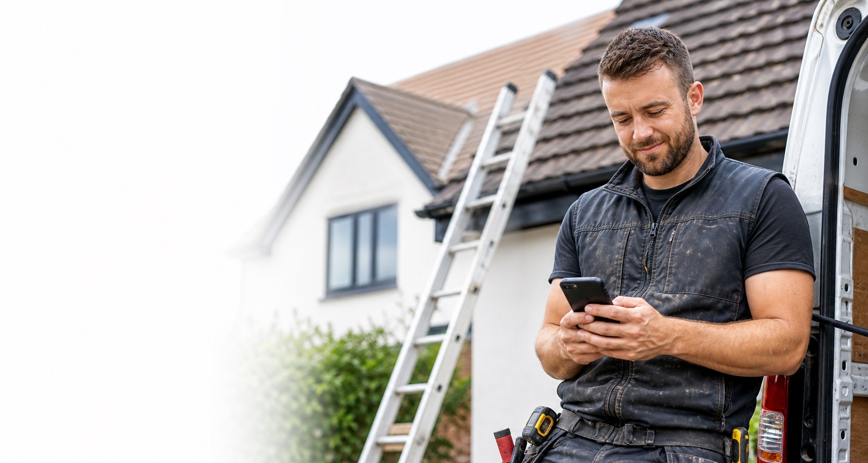 American contractor standing by a van using a phone