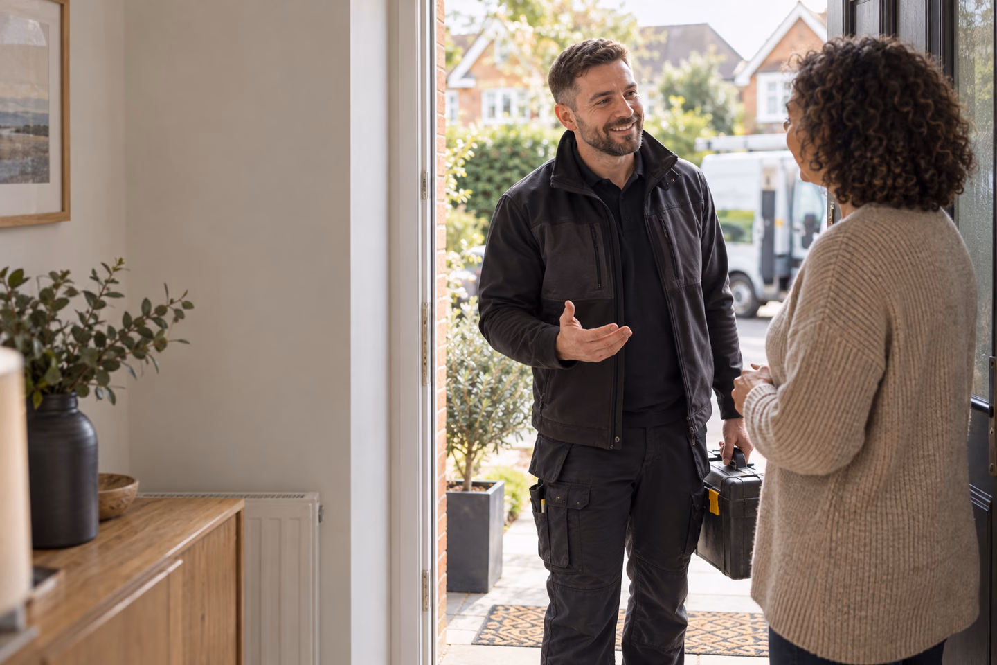 A tradesperson at an open front door asking a homeowner how the completed work went.